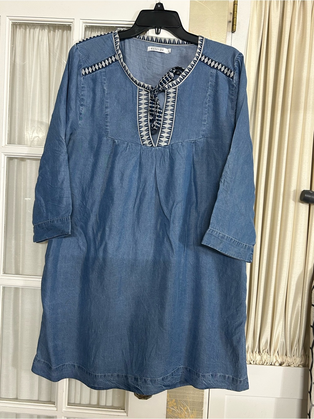Kenneth Cole Reaction Blue Chambray Tie-Front Mini Dress with Geometric Trim